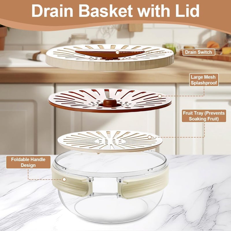 Abnaok Multifunctional Fruit Washing Bowl,2 in 1 Drainer and Strainer,Foldable Handle Drain Basket with Lid,Kitchen Colanders & Food Strainers, Suitable for Washing Fruits and Vegetables - Image 4
